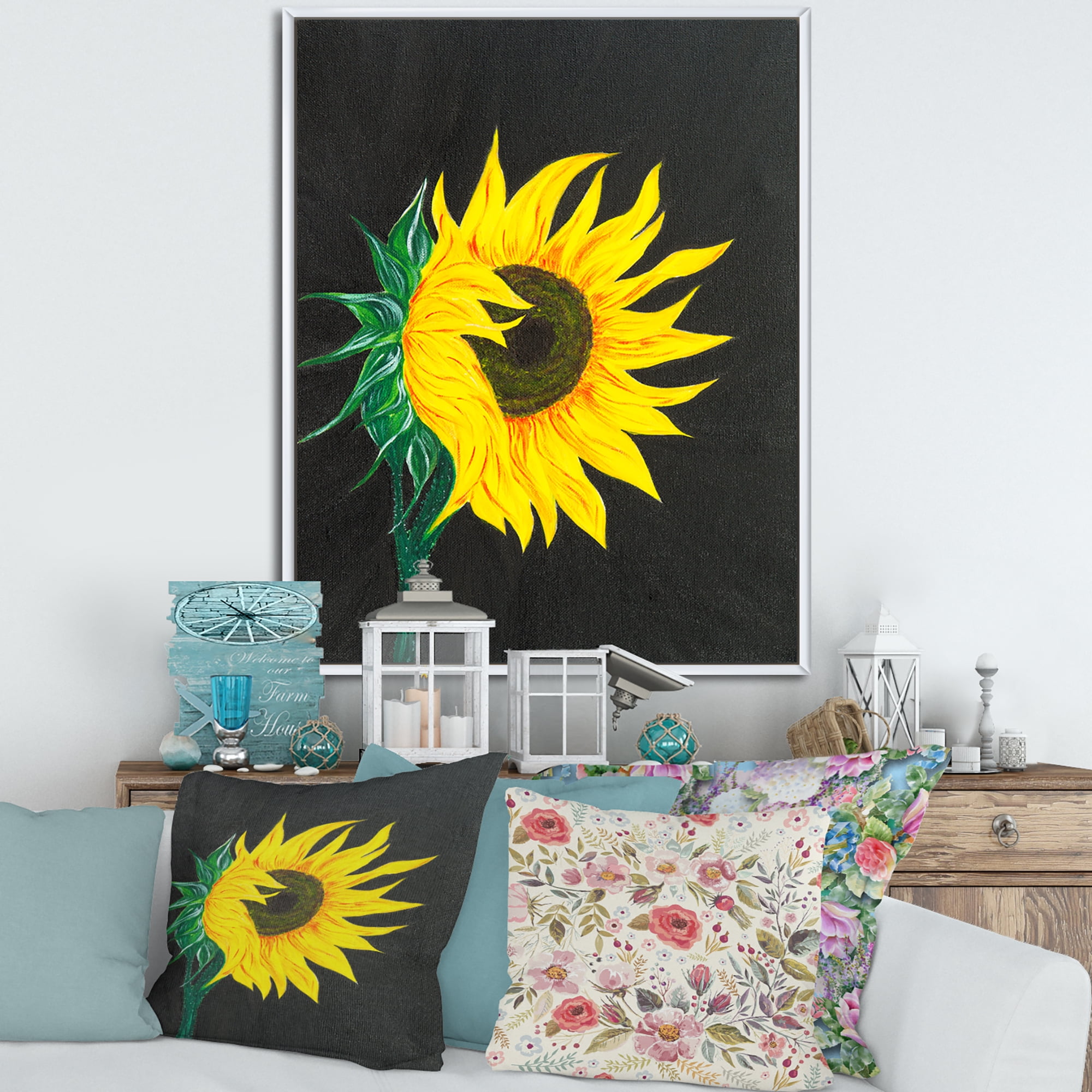 Designart 'Yellow Sunflower On Black' Traditional Framed Canvas Wall Art Print