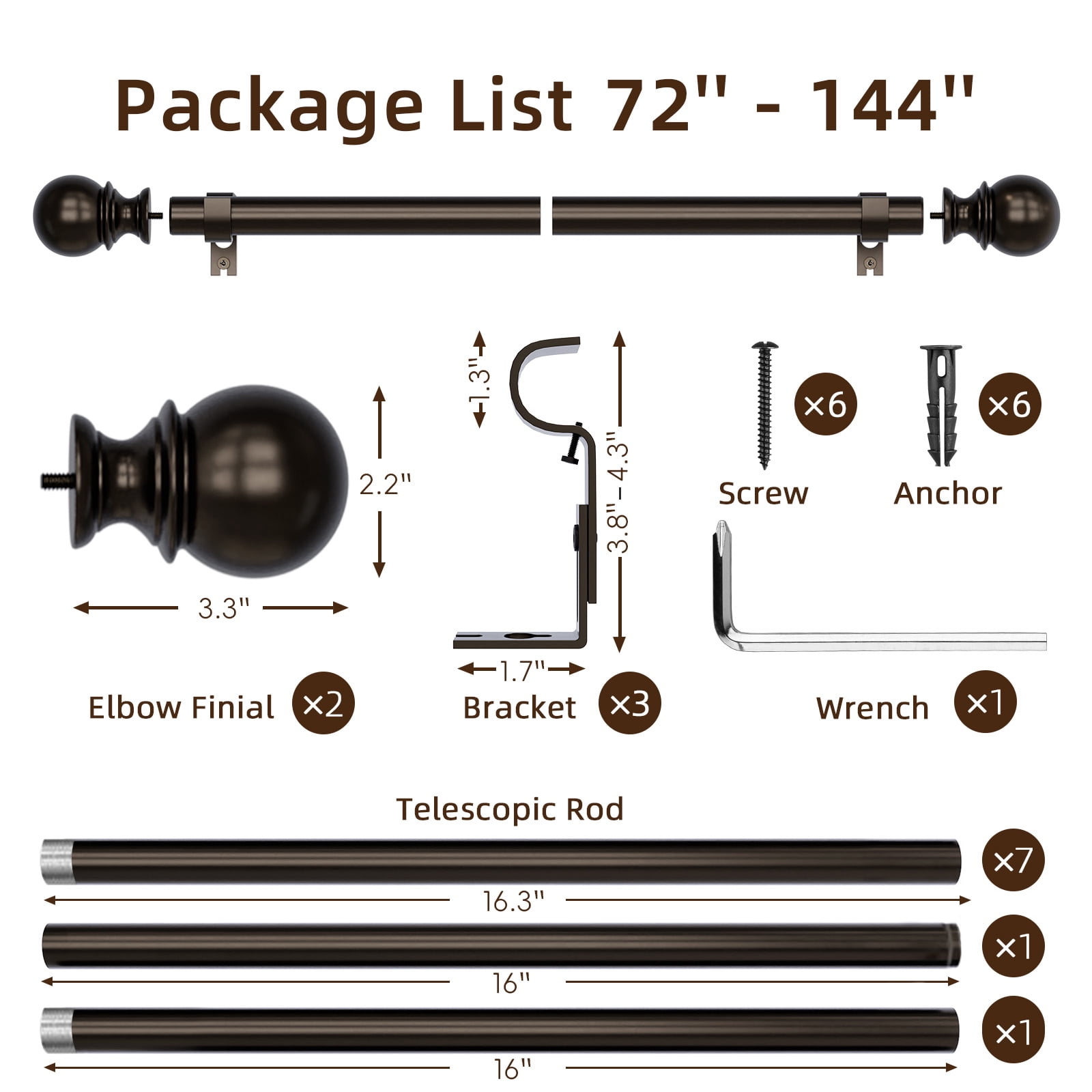 1" Single Curtain Rod for Windows 72"-144",Heavy Duty and Adjustable Length Curtain Rod with Round Ball Finial Easy to Install,Bronze