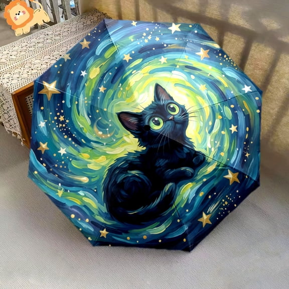 Starry Night Black Cat Print Automatic Folding Umbrella, Portable 8-Rib Windproof Rain Umbrella for Outdoor, Travel, and Daily Use