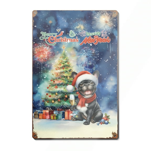 Merry Christmas and Happy New Year Santa French Bulldog Holiday Xmas Winter 2025 Vertical Metal Aluminum Sign Dog Lover Gifts Wall Art Home Decor - 00024
