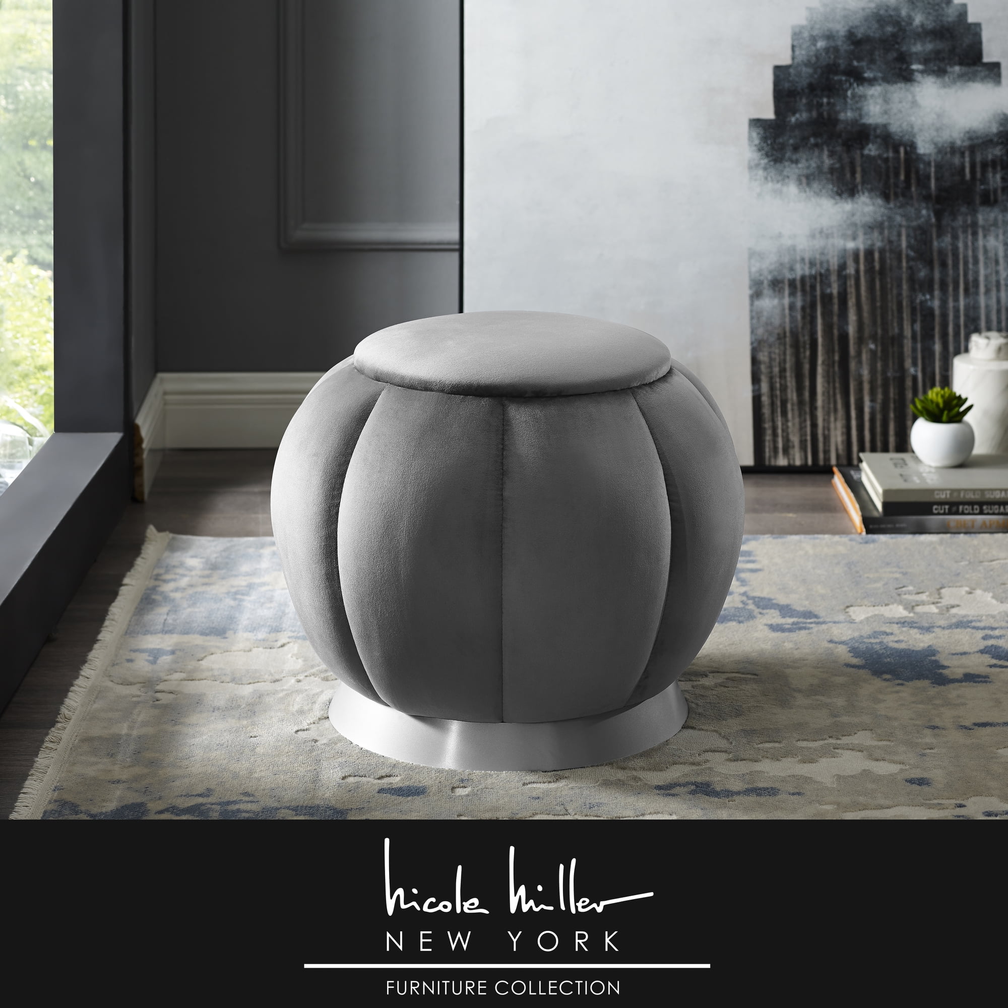 Amy Grey/Silver Velvet Ottoman Upholstered Channel Tufted Silver