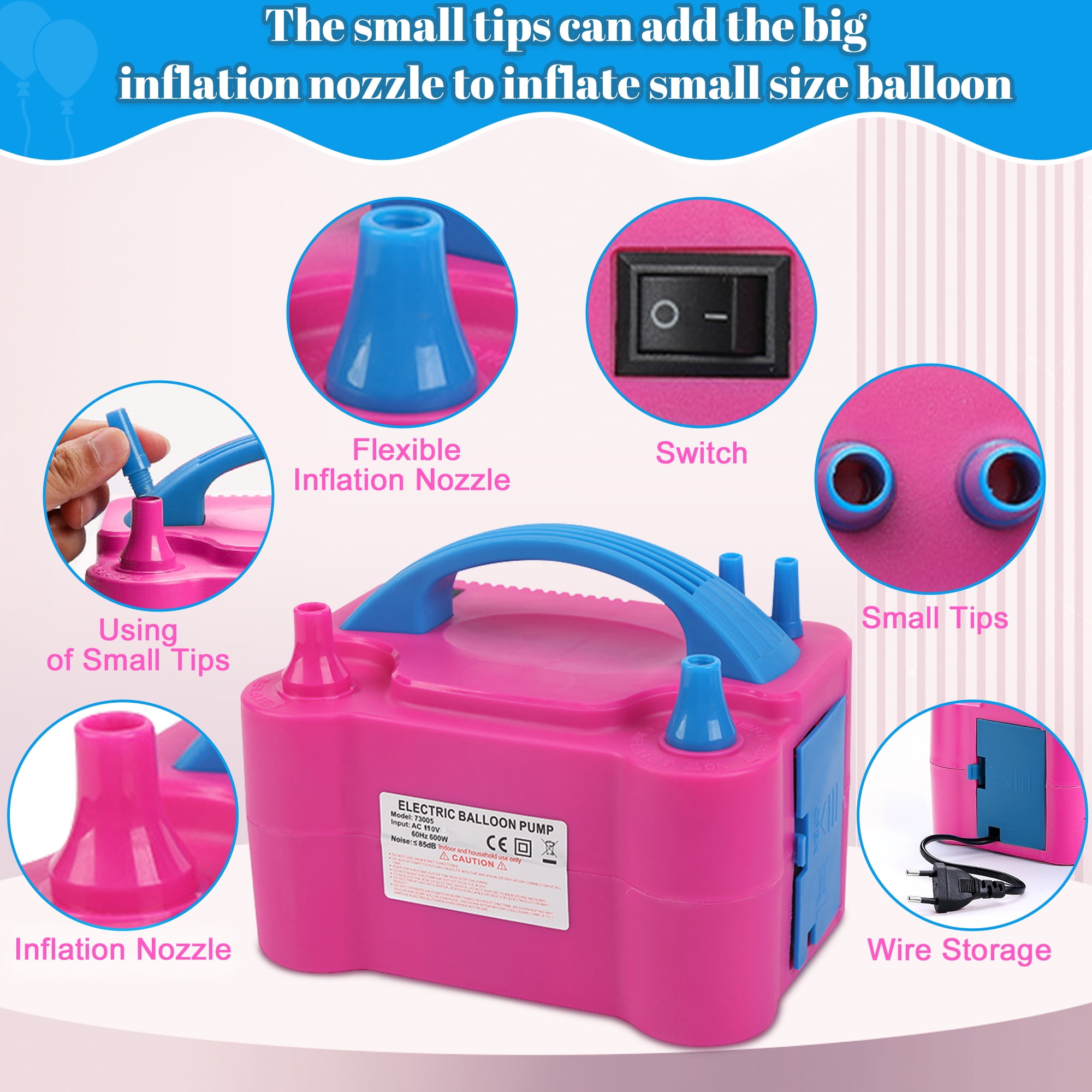  RUBFAC Electric Balloon Pump, Pink Portable Balloon Blower  Machine 110-120V Air Balloon Inflator with Knotters Balloon Strips Point  Tapes for Balloon Decoration Birthday Parties Baby Showers Weddings :  Sports & Outdoors