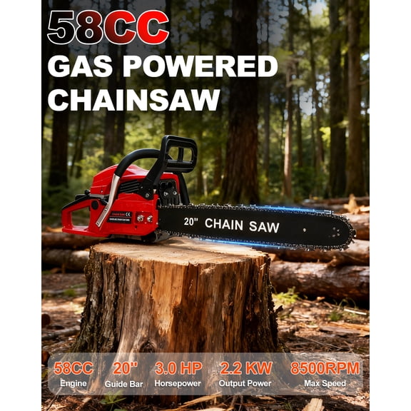 Yedigre High Power 58CC Gas Chainsaw - 20” Bar, 3.5HP for Fast Cutting & Tree Trimming, Ideal for Firewood and Yard Cleanup