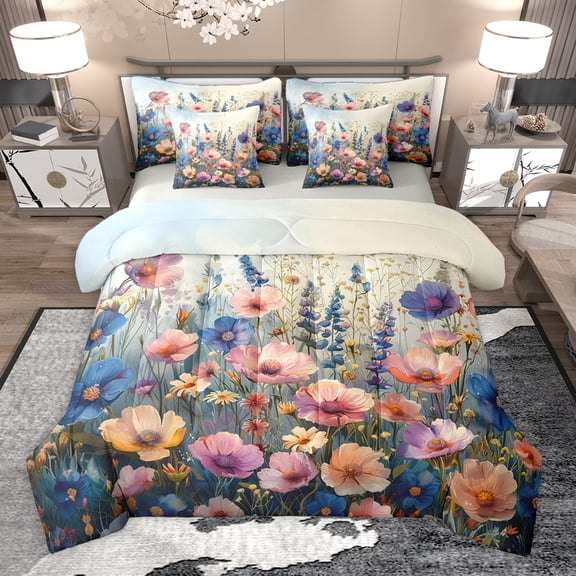 Homewish Retro Rustic Flower 7-Piece Twin Bedding Sets,Country Floralr Bedding Comforter Set,Pink Blue Orange Sheet Sets For Girls Teens,Luxury Bedroom Decor Reversible