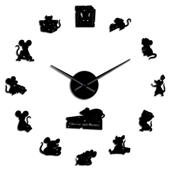Cheese and Funny Mouse Acrylic DIY Wall Clock Cartoon Animals Nursery Wall Art Decor Mice Stealing Cheese Whimsical Clock Watch(Black,27inch)