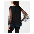 thumbnail image 2 of ALFANI $80 Womens New 3208 Black Embroidered Sheer Bell Sleeve Top L B+B, 2 of 2