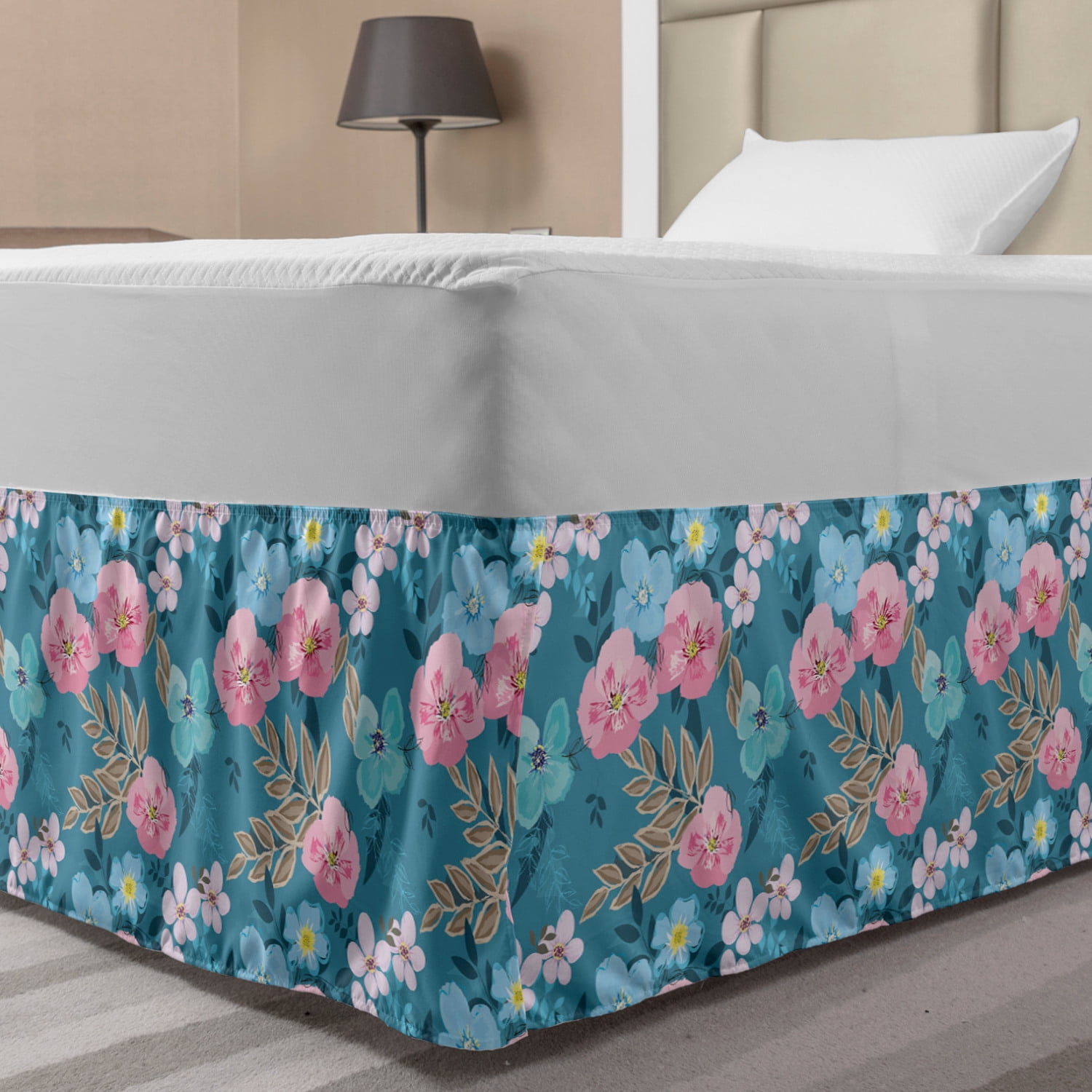 Floral Bed Skirt, Flourishing Flowers with Leaves Watercolor, Elastic