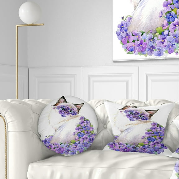 Designart Cute Cat with Blue Flowers - Animal Throw Pillow - 12x20