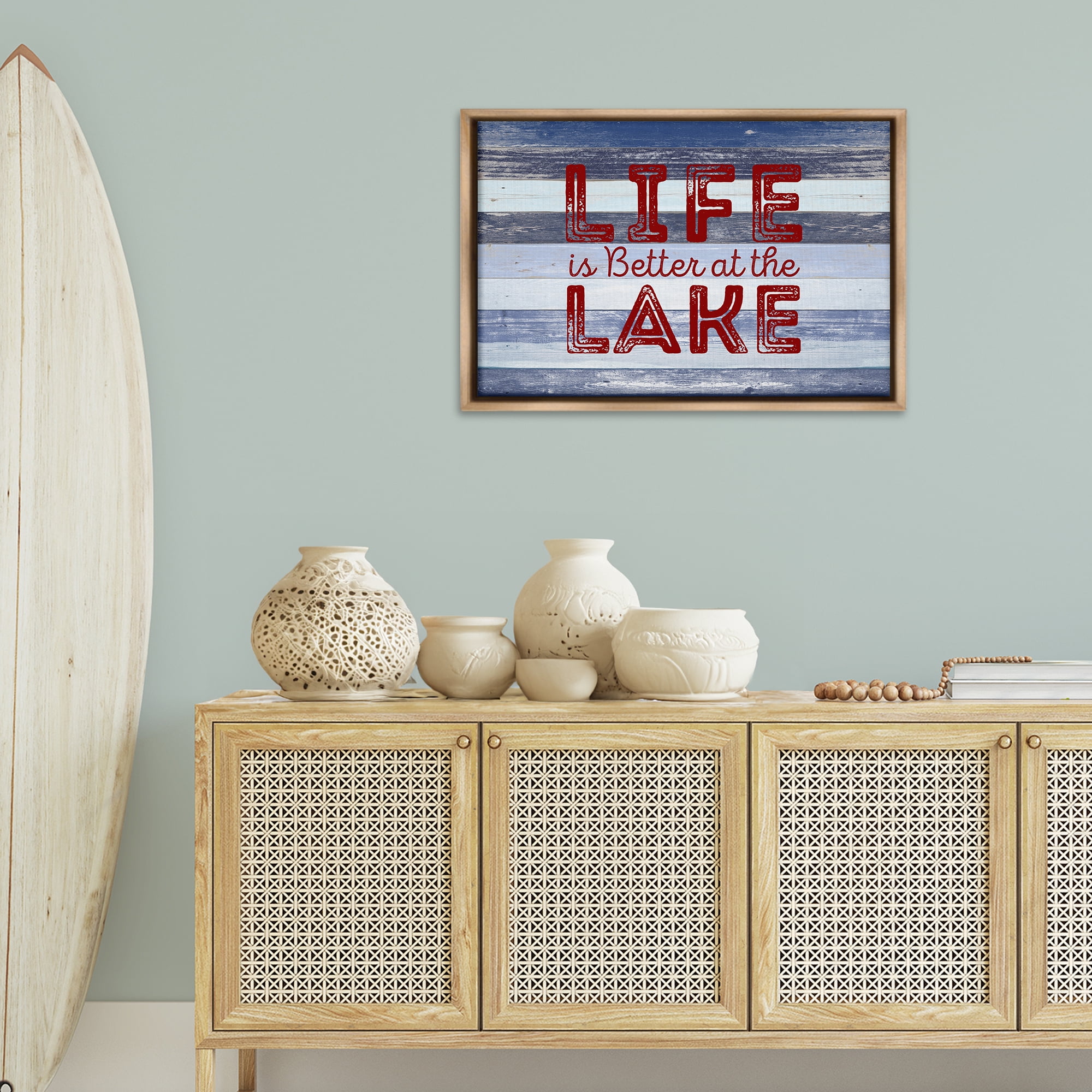 Stupell Industries Life At Lake Striped Coastal Painting Brown Floater Framed Art Print Wall Art, 31 x 21