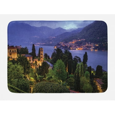 Italian Bath Mat, Lago Di Camo Lake Famous Coastal Village with Aerial View Picturesque Panorama, Non-Slip Plush Mat Bathroom Kitchen Laundry Room Decor, 29.5 X 17.5 Inches, Blue Green, Ambesonne
