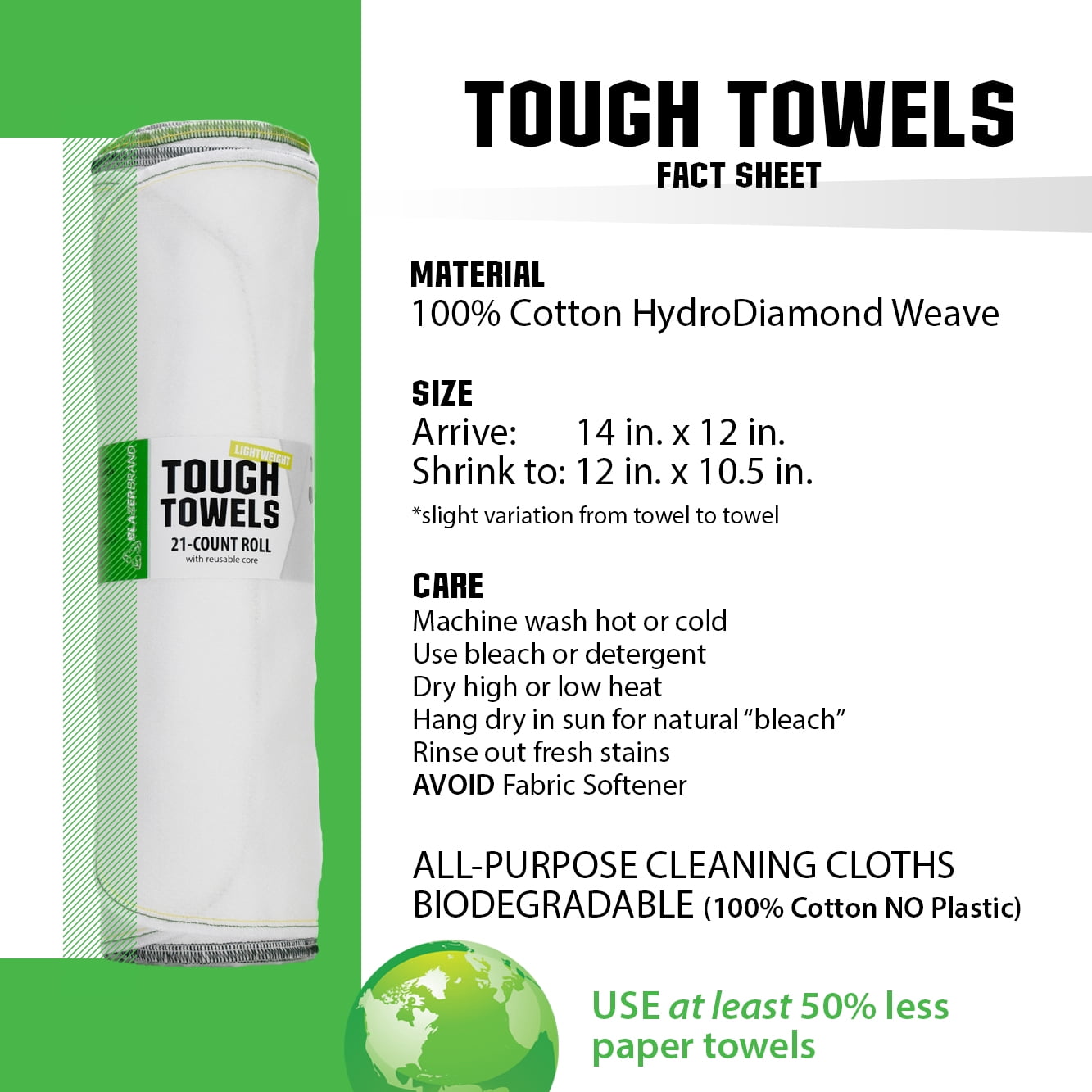 Tough Towels - 1 Roll of 21 Reusable Paper Towels, Large, Washable, Absorbent, HydroDiamond Cotton