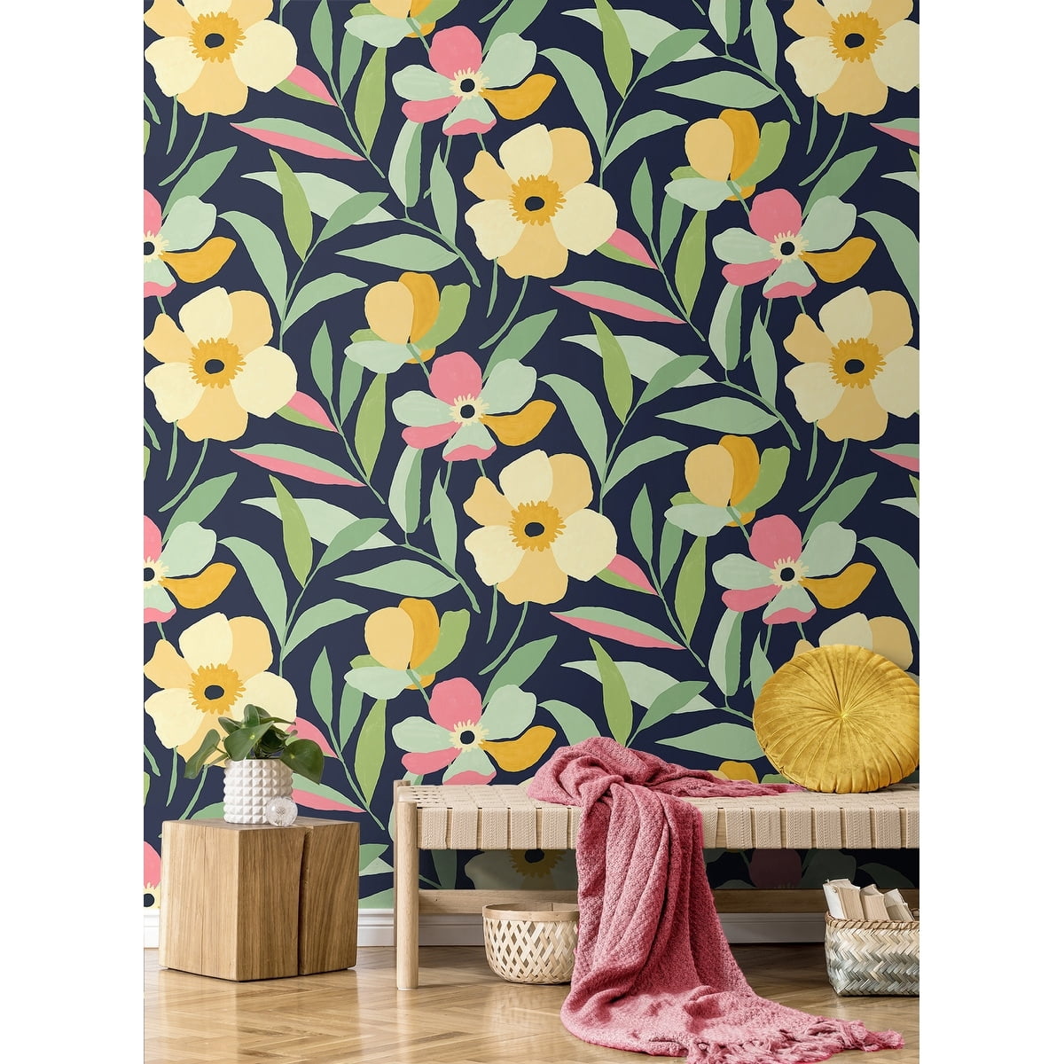 NextWall  Garden Block Floral Peel and Stick Wallpaper 20.5 in. W x 18 ft. L - Deep Navy & Pastels