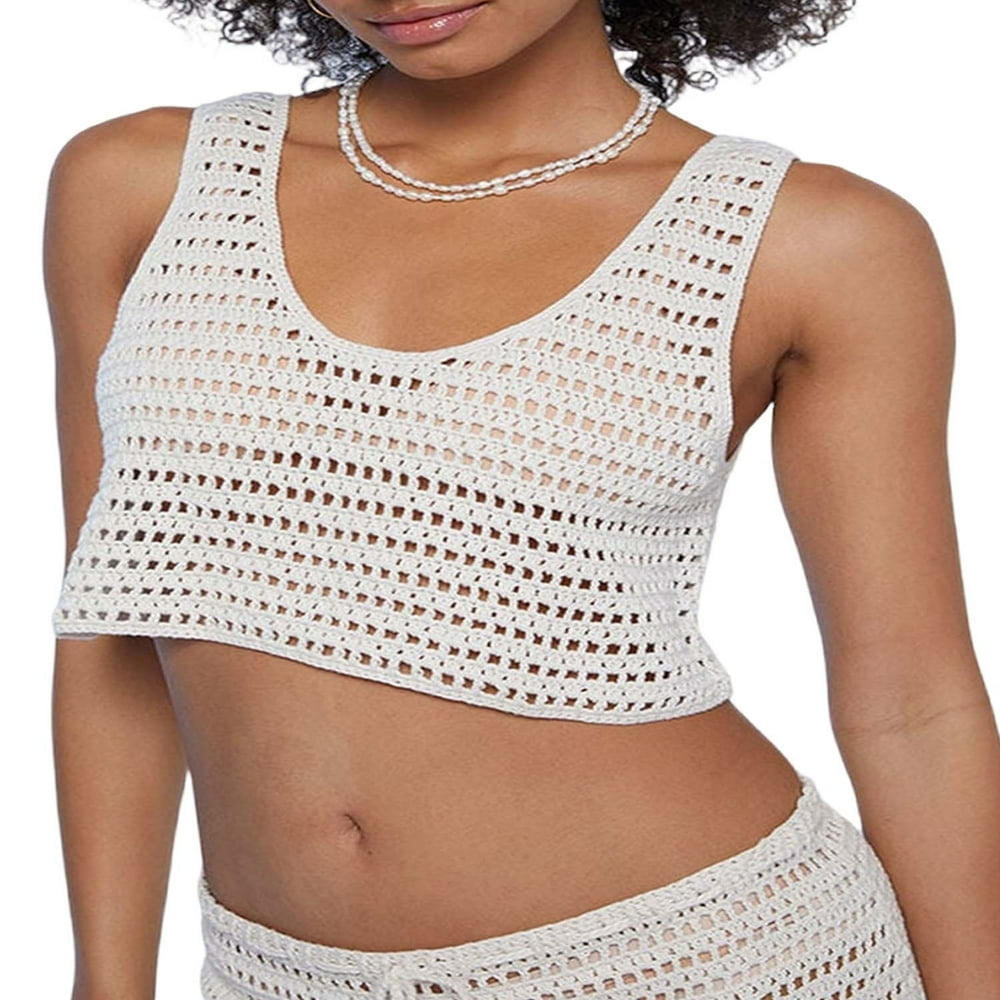 Womens Beach Cover Up Set Summer Crochet Hollow Out Tank Tops