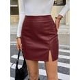thumbnail image 3 of Burgundy Split Hem PU Bodycon Mini Skirt For Women, 3 of 5