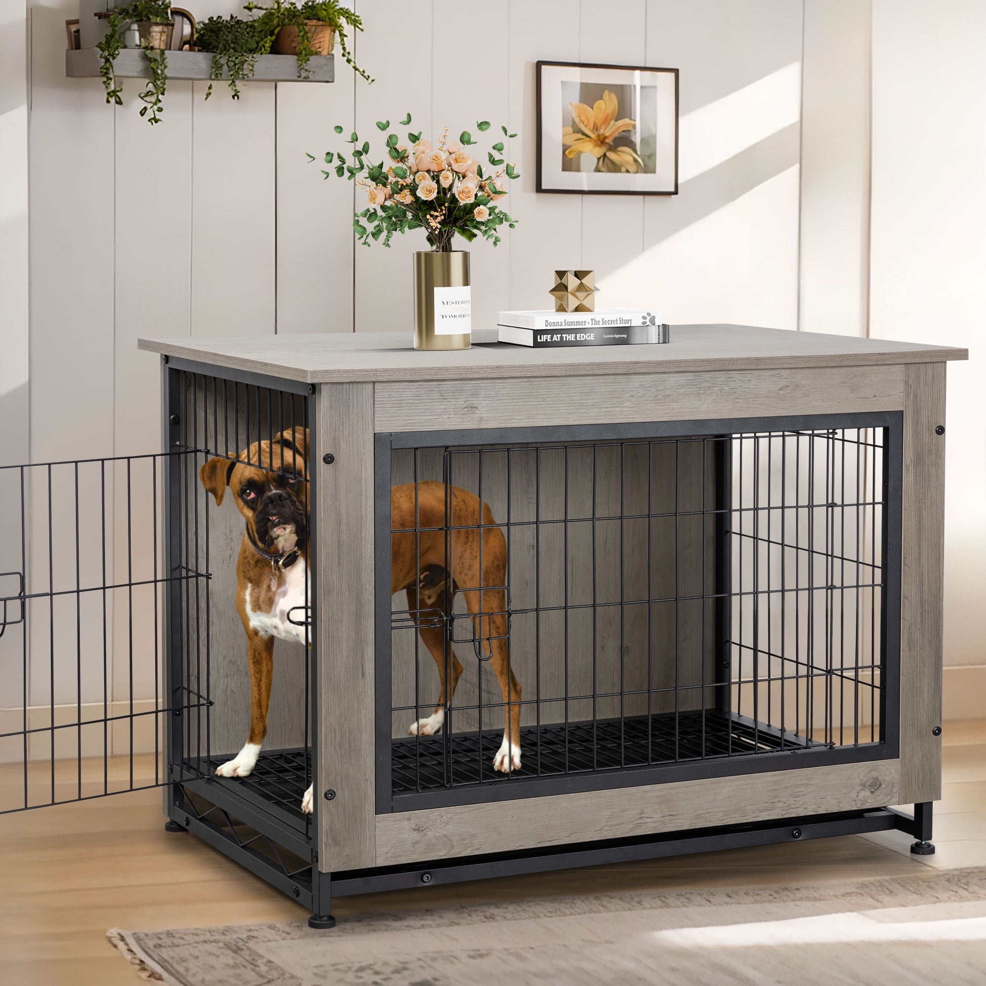 Walsunny Wooden Dog Crate Furniture,Double-Doors Kennel Indoor with Divider and Removable Tray,End Table Dog Crate for Decoration 44.1"L x 29.5"W x 32.3"H，Grey