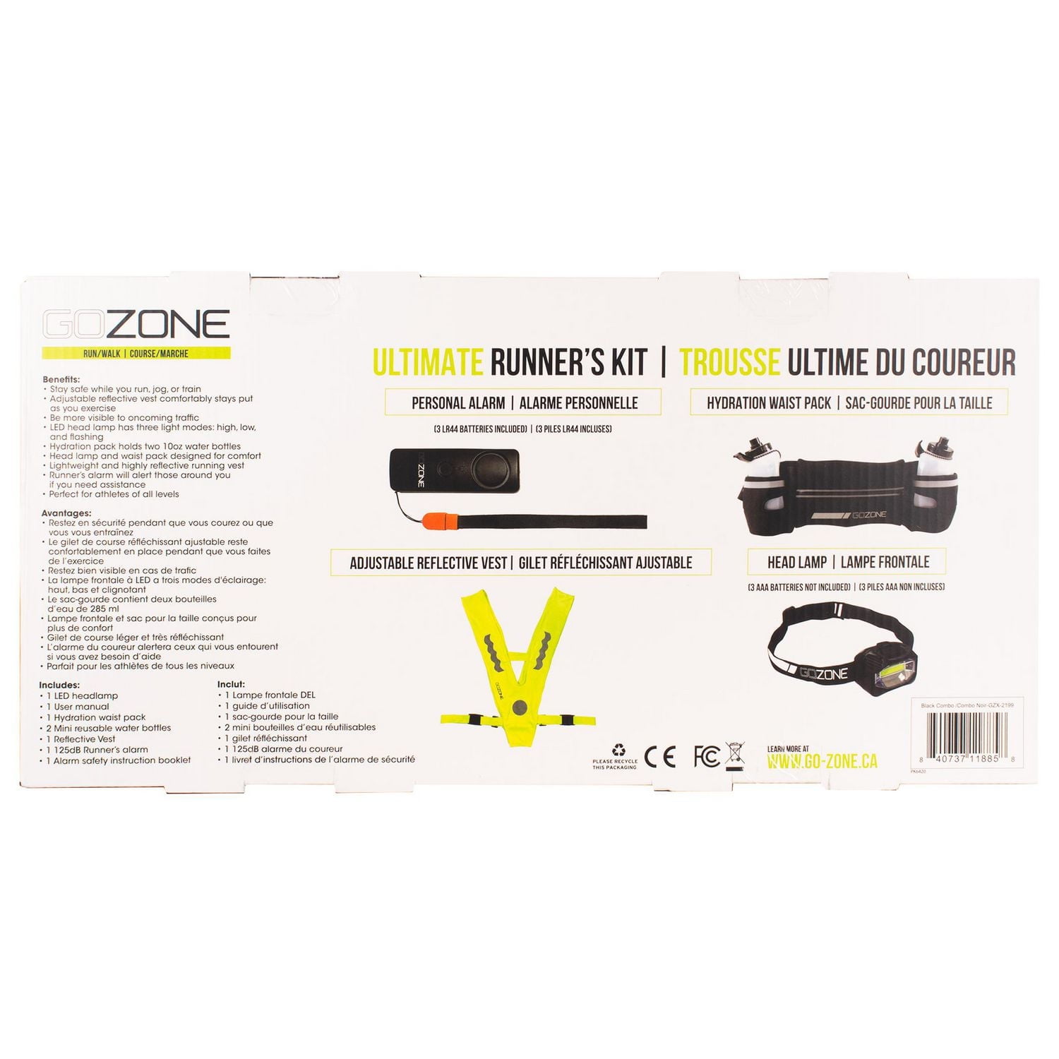 Runner's Kit – Head Lamp, Hydration Waist Pack, Reflective Vest, Runner's Alarm –Black/Green, With 2 hydration bottles