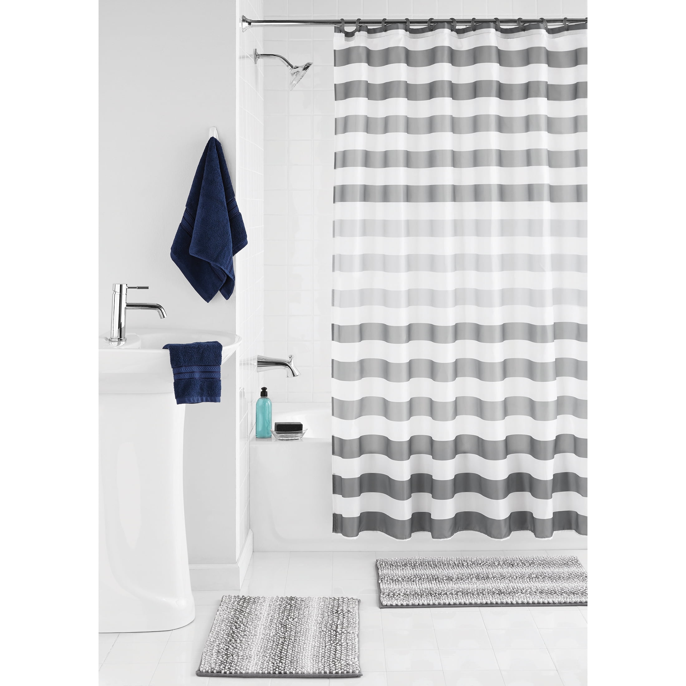 Bathroom Waterproof Fabric Shower Curtain Set Black Dot White & Blue Stripe Dogs 