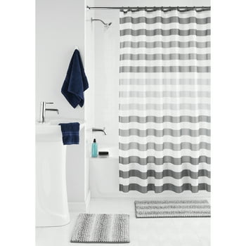 Mainstays Ombre 15-Piece Stripe Polyester Shower Curtain Set, Grey