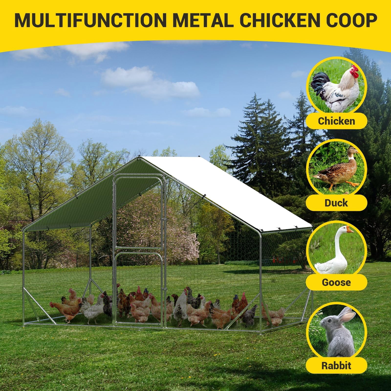 Huisuilinss Large Metal Chicken Coop Poultry Cage With Waterproof Cover Walk-in Metal Poultry Cage Peaked Hen House Chicken Run Pen Dog Kennel Duck Rabbit House For Outdoor Backyard Farm