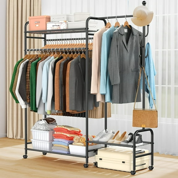 3-In-1 Clothes Racks For Hanging Clothes With Coat Rack, Heavy Duty Clothing Rack With Shelves Load 620Lbs, Portable Garment Racks With Lockable Wheels, Multi-Functional Closet Rack For Bedroom