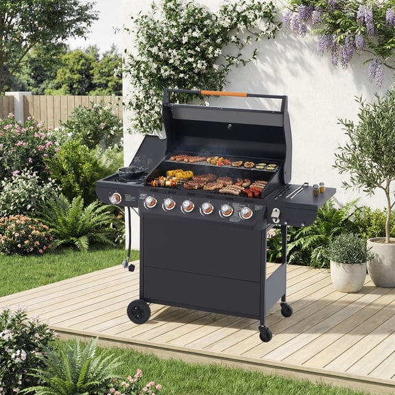 Jingke 6 Burner BBQ Propane Gas Grill with Side Burner 72000 BTU Output Stainless Steel Barbecue Grill with Cast Iron Grates and Side Tables for Outdoor Cooking Kitchen and Patio Backyard.