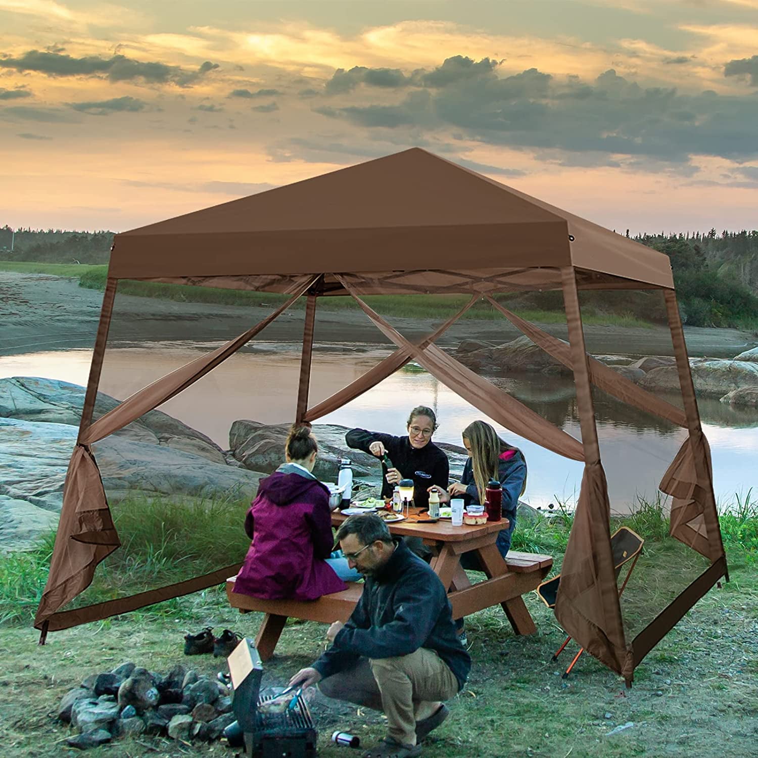 EAGLE PEAK 10x10ft Slant Leg Easy Setup Pop Up Canopy Tent with Mosquito Netting 64 sqft of Shade, Brown
