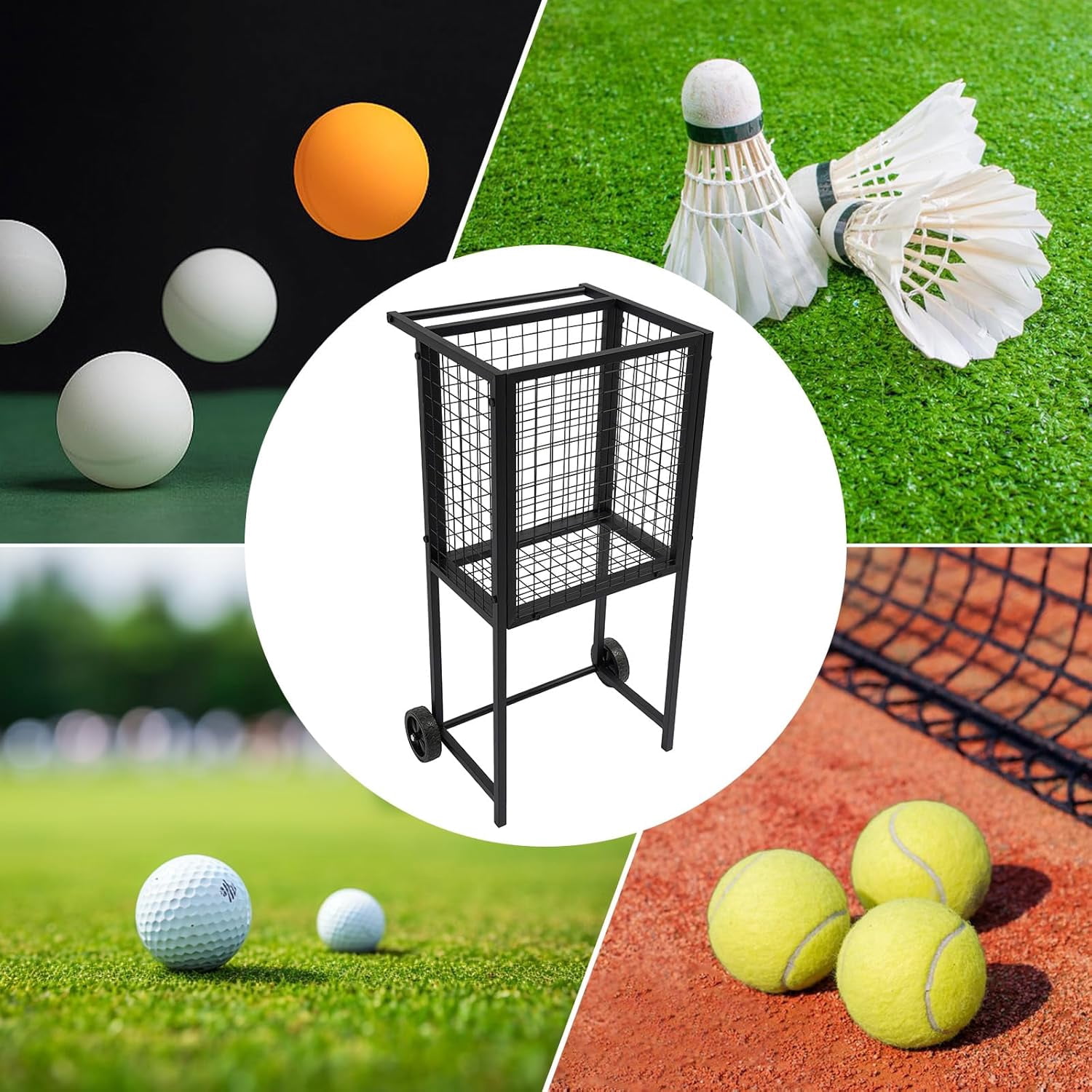 Portable Tennis & Pickleball Hopper, Tennis Ball Cart Compact Design, Lightweight Tennis Balls Basket Load Capacity 30 lbs, Smooth Rolling Cart for Tennis Balls, Sturdy Lightweight Construction