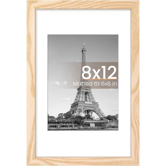8x12 Picture Frame, Display Pictures 6x8 with Mat or 8 x 12 Without, Wall Hanging Photo Frames, Natural, 1 Pack