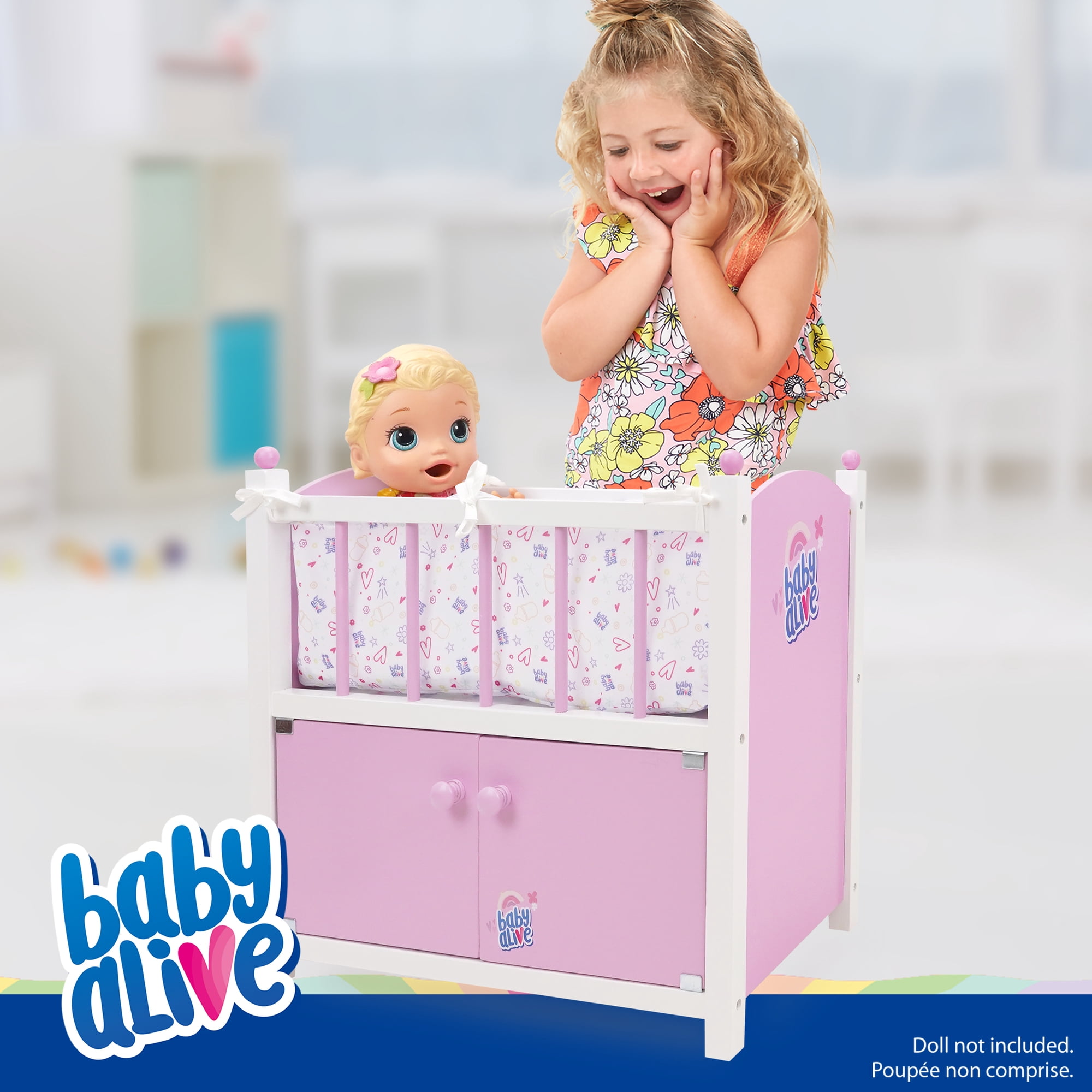 509 Crew: Baby Alive - 2-In-1 Wooden Doll Crib - Pink-White-Purple, Built-In Storage Cabinet, Pillow-Blanket, Doll-Plush Sleep Accessory Toy, Kids 3+