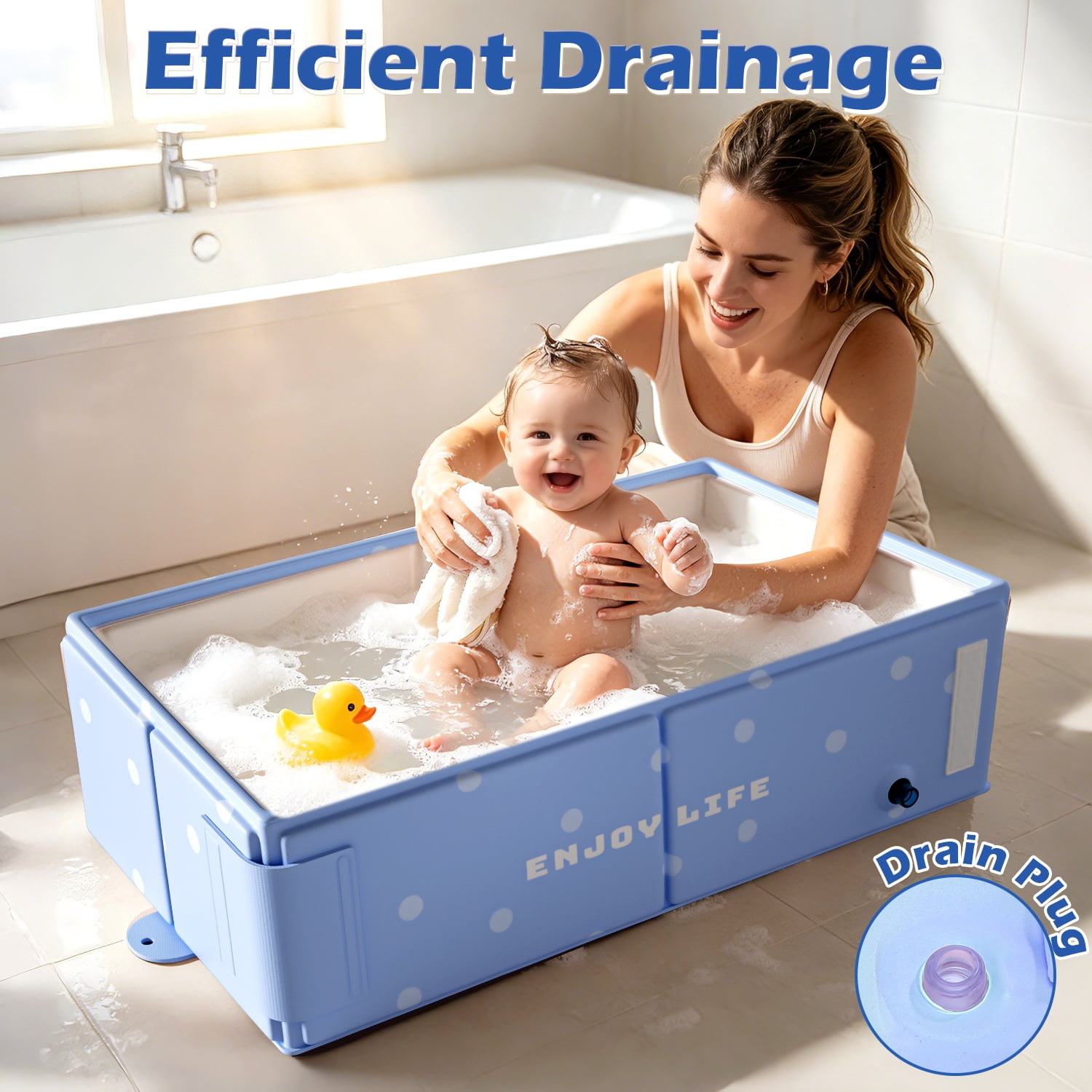 Wonderstone Portable Foldable Bathtub, Rectangle Baby Shower Tub with Drainage Design, Beach Vacation Travel Essentials for 1-3 Kids Toddler (Blue)