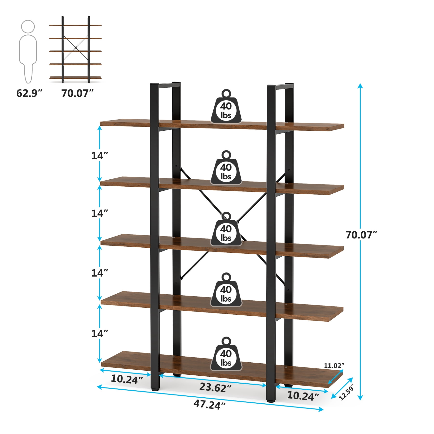 Tribesigns 5-Tier Bookshelf, Industrial 72 inch Bookcase, Vintage Brown