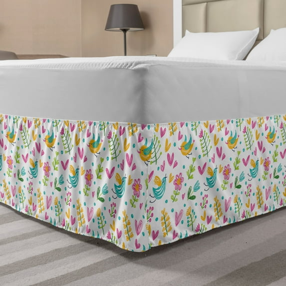 Doodle Bed Skirt, Hand Drawn Doodle Spring Birds on Tree Branches Pastel Hearts Leaves Dots Nursery, Elastic Bedskirt Dust Ruffle Wrap Around for Bedding Decor, 4 Sizes, Multicolor, by Ambesonne
