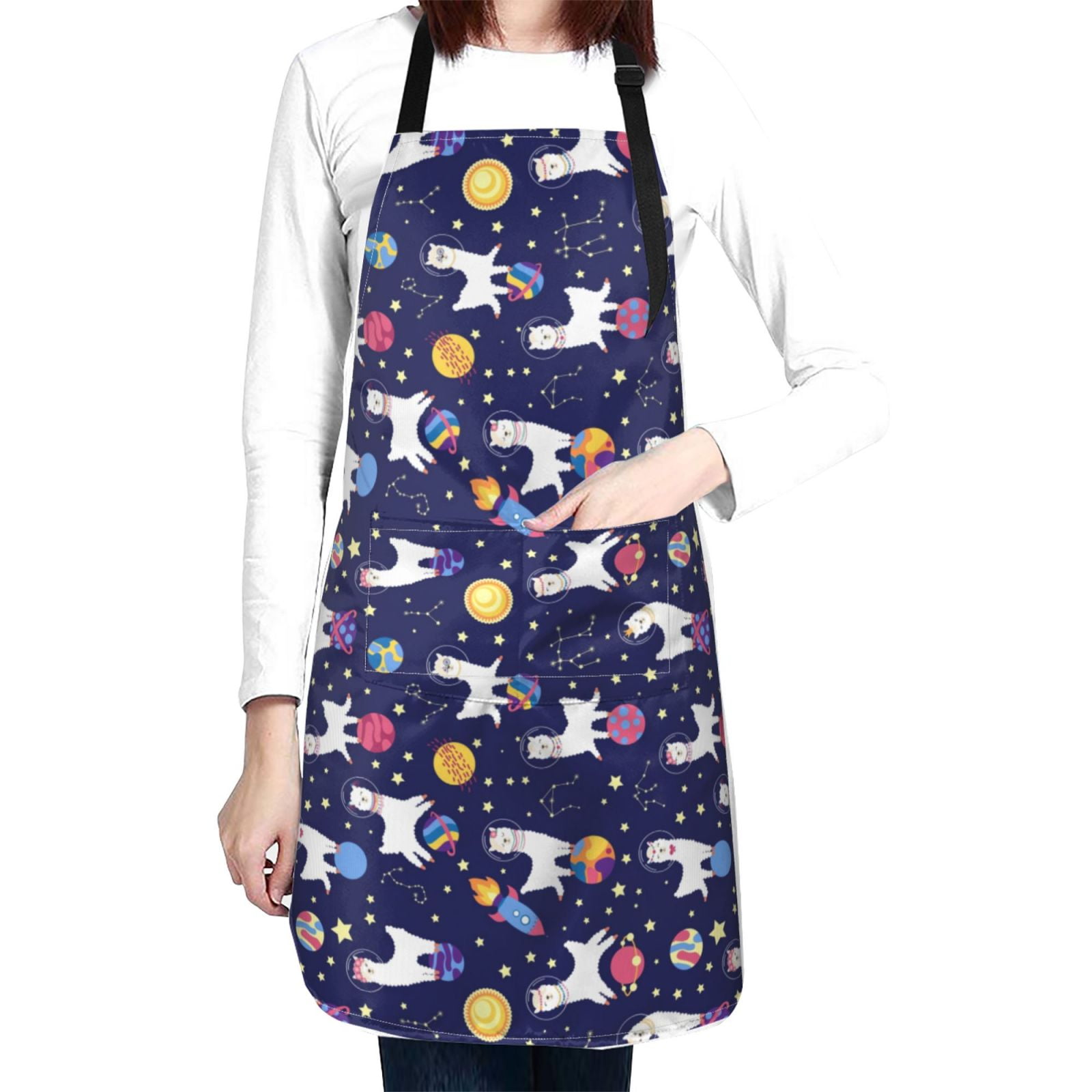 Kdxio Lama in Space Apron with Pockets Adjustable Kitchen Aprons for Men Women Waterproof Aprons for Cooking,Drawing,Crafting, Baking Household Cleaning