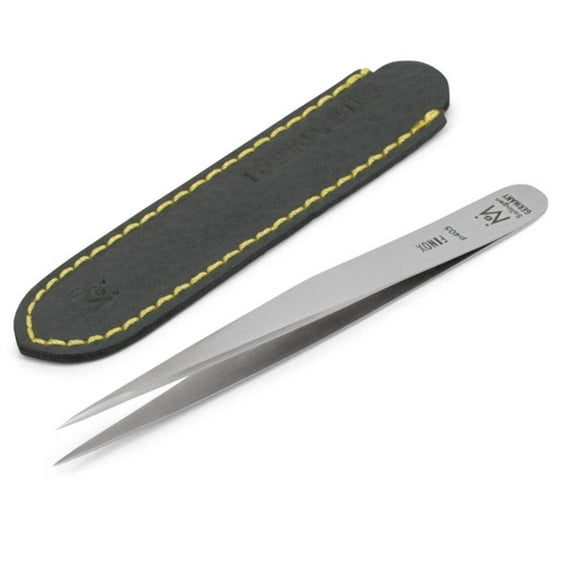 GERMANIKURE Pointed Stainless Steel Tweezers for Men & Women Facial Hair - Precision Eyebrow Tweezers, Fine Tip Professional Tweezers with Leather Case - Made in Solingen, Germany