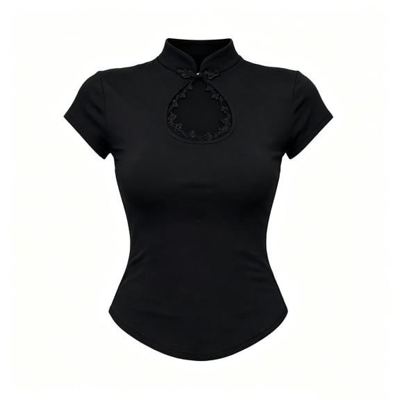 LIIPEE Womens Halloween Gothic Dark Elegant Short Sleeve Keyhole Band Collar Bodycon Blouse,S-L