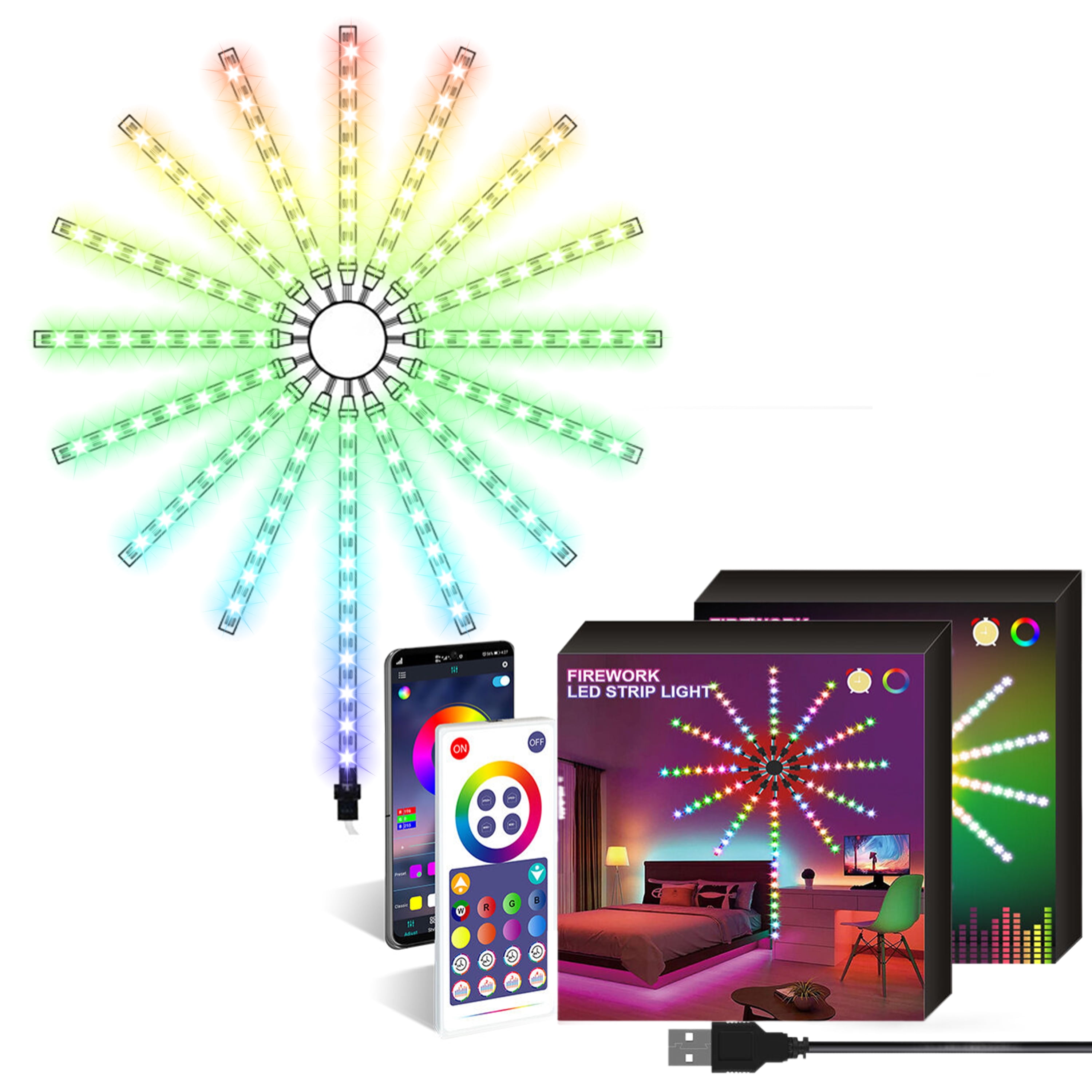 WZCPCV Smart LED Light Strip,with Bluetooth and Remote Control,195LED Mic&Music Sync&Color Changing,213 Dynamic Modes Waterproof USB Firework RGB LED Strip Lights