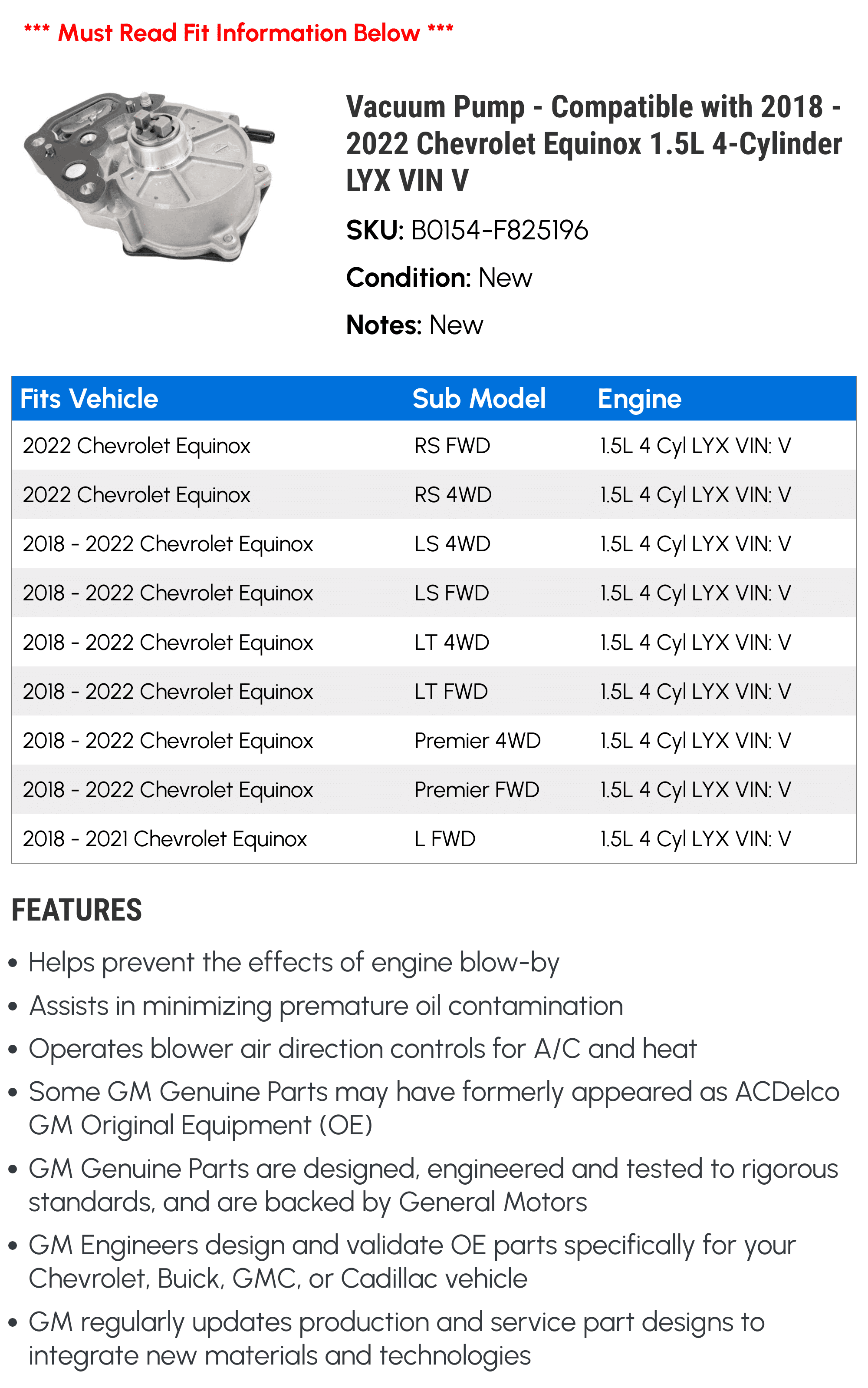 Vacuum Pump - Compatible with 2018 - 2022 Chevrolet Equinox 1.5L 4-Cylinder LYX VIN V - AC Delco