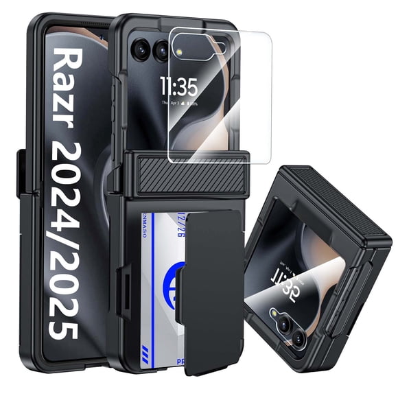 Vizvera para Motorola Razr 2024/Razr 2025 Funda de Teléfono con Tarjetero Bloqueo RFID, Protección de Bisagra Integrada, Protector de Pantalla-negro