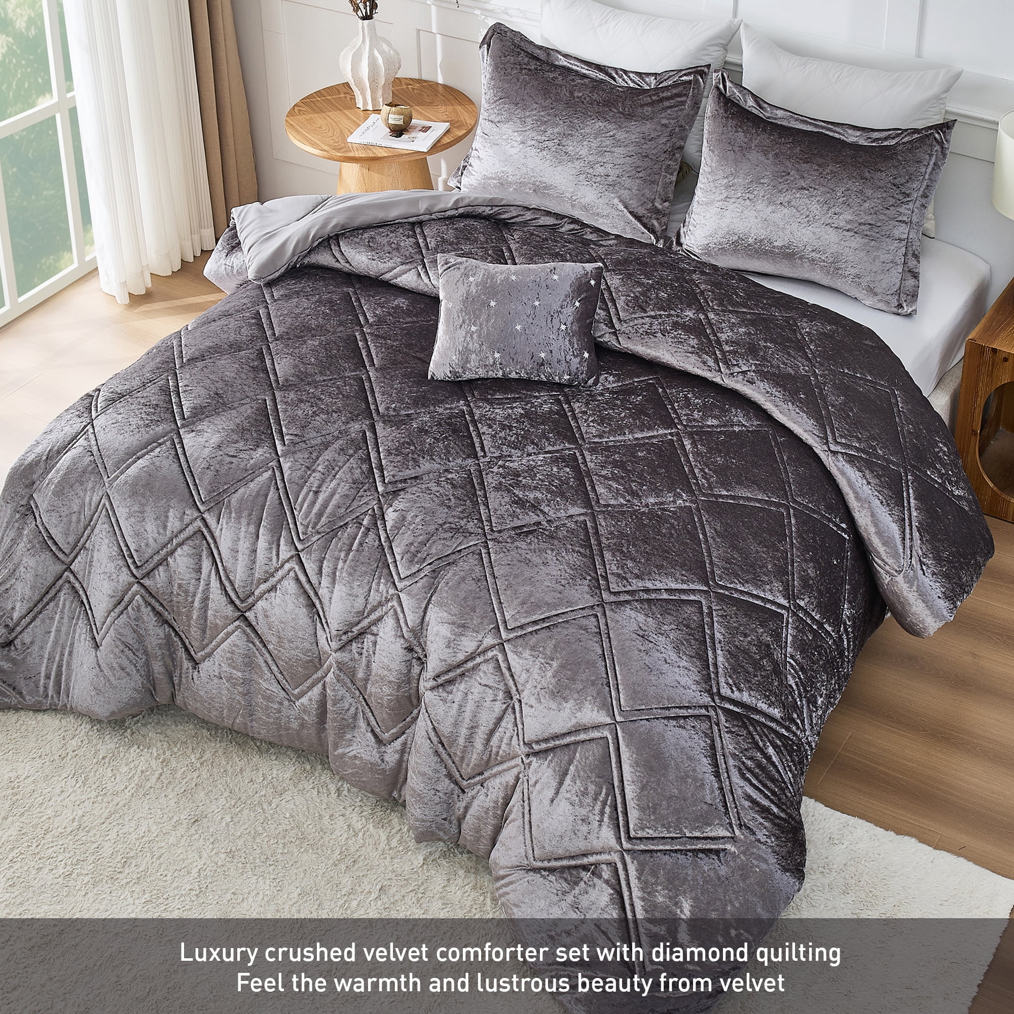 Regency Heights King/Cal King Size Comforter Sets, Velvet Bedding Comforter Set for All Seasons, Grey Bedding Set with Decor Pillow