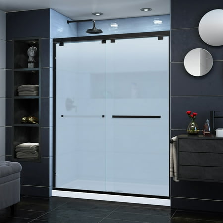 Bronze Sliding Shower Door DreamLine Encore 56-60 in. W x 76 in. H Frosted Glass Semi-Frameless Bypass Sliding Shower Door in Satin Black ()