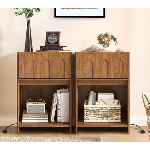 Nightstands Set of 2, 15.74'' Wide Night Stand with Drawer and Open Storage, Mid-Century Modern Wooden Bed Side Table End Table with Charging Station for Bedroom, Living Room (Walnut, 2Pcs)