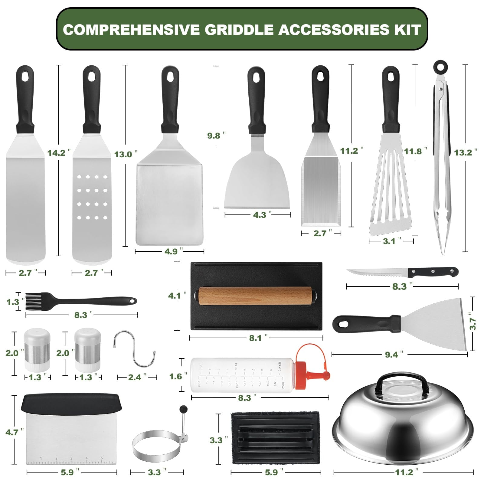 Mibote Stainless Steel Griddle Accessories Kit with Spatula, Scraper, Basting Cover & Grill Tools