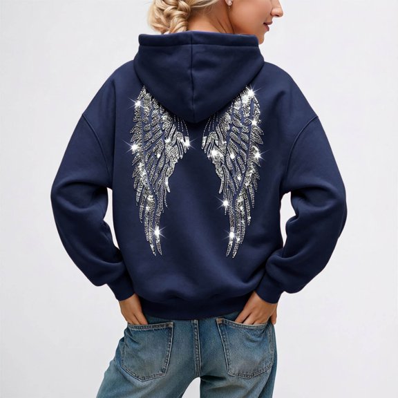 EliteGoogv Womens Embroidered Crystal Hoodie Pullover Sweatshirt Wings Design Casual Winter Sweat Top For Women Streetwear Navy M