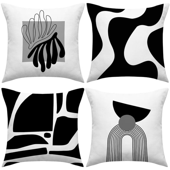 Set of 4 Black White Geometric 18x18 Throw Pillow Covers Linen Textured Hidden Zipper Cushion Cases, Modern Boho Washable Decor for Sofa Bedroom Living Room