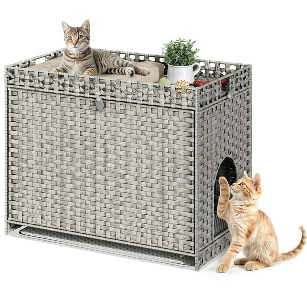Craftian Cat Litter Box Furniture Rattan Cat House Litter Box Enclosure with Mats Gray Walmart Business Supplies