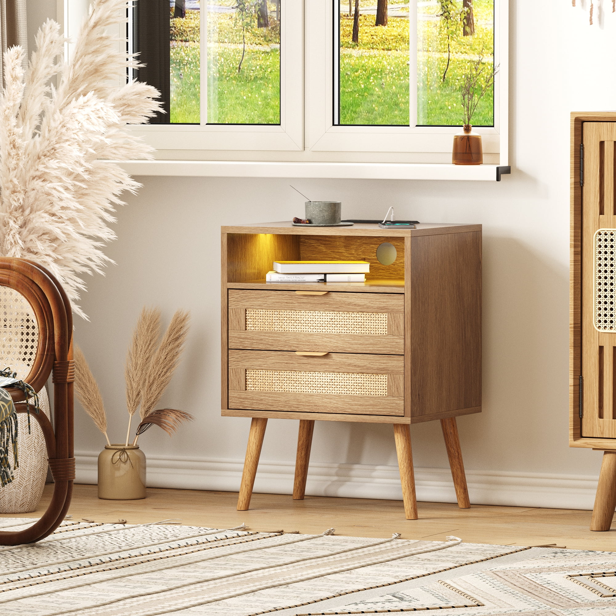 Vabches Rattan Nightstand with USB and 2 Drawers for Bedroom, Living Room (1 Pack)