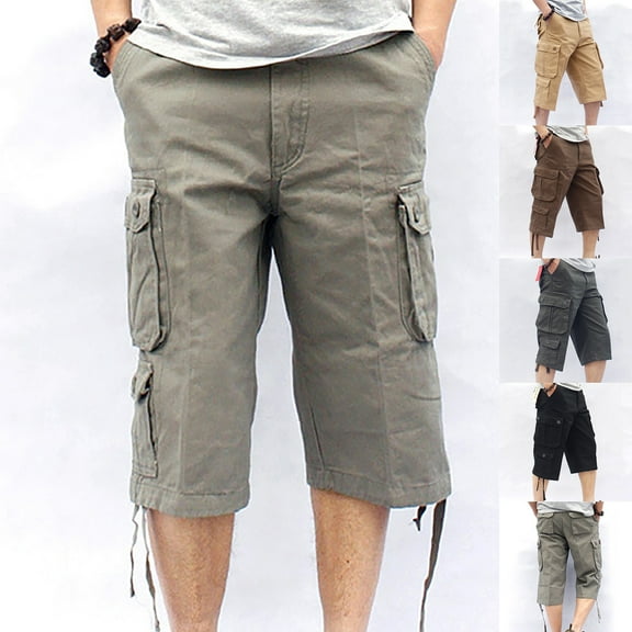 BinBiL Men's Multi Pocket Zipper Cargo Short Outdoor Casual Loose Fit Dungarees Shorts Khaki 38