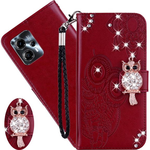 for Motorola Moto G13 Wallet Case for Women, Glitter Bling Diamond PU Leather Folio Cover with Card Slot Wrist Strap Built-in Kickstand Protective Case for Motorola Moto G13/G23/G53 Owl Red