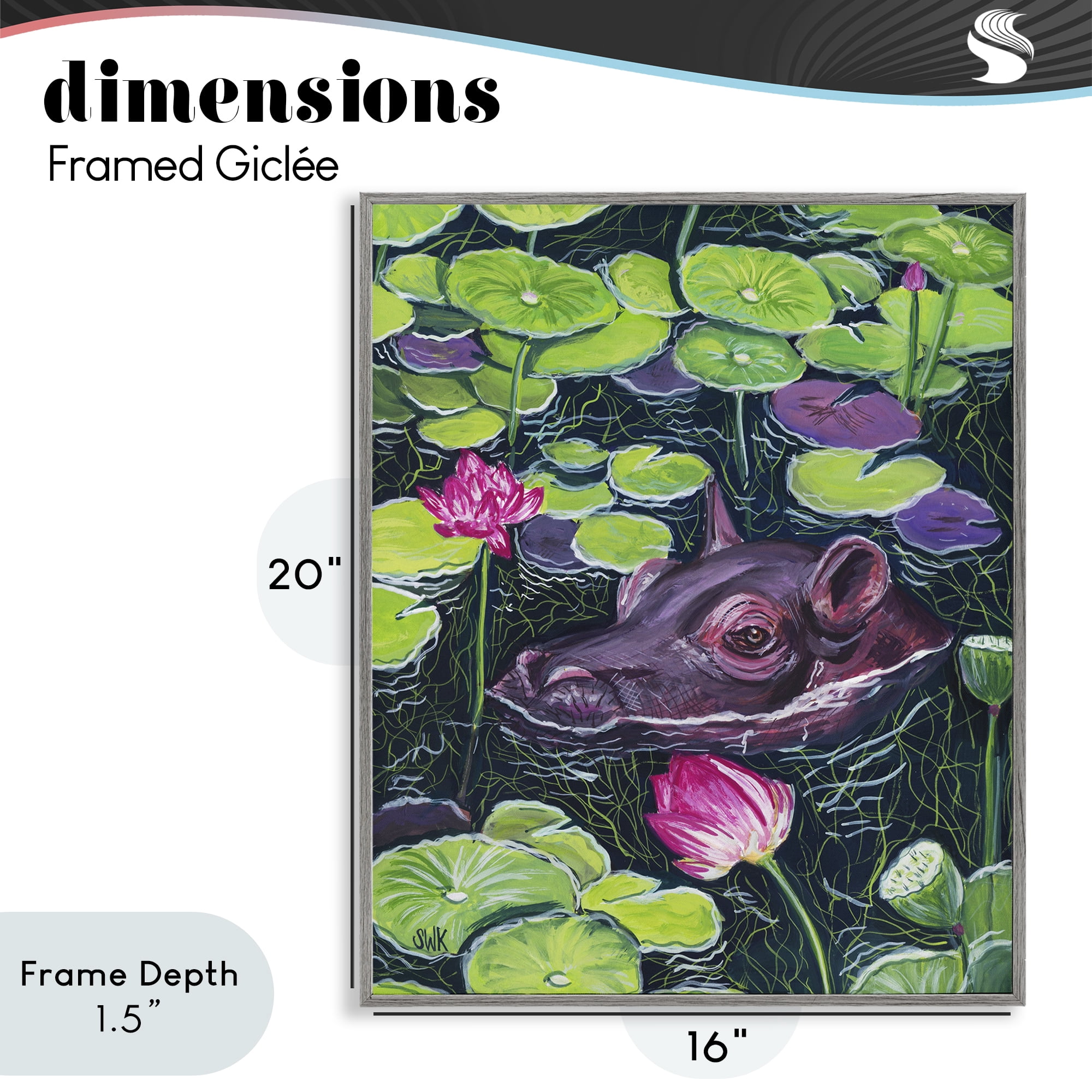 Stupell Industries Hippo & Blossoms Pond Gray Framed Giclee Art, design by Sarah Waldron Kimball