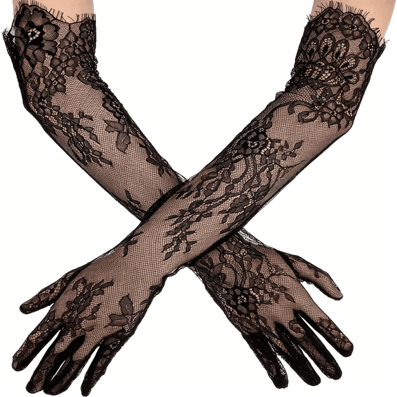 TELOLY Lace Gloves Women Long Floral Elbow Length Mesh Tulle Sheer Opera Gloves Tea Party Wedding Bridal Party Cosplay